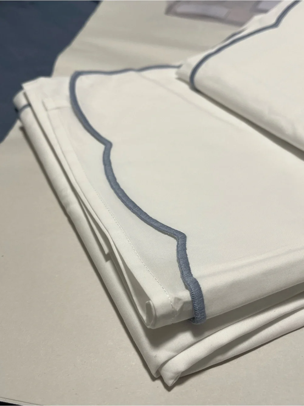 Sferra Limana Full/Queen Flat Sheet Long Staple Cotton Percale 96x114” White/Sea